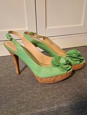 Nine West Green Floral Slingback Cork Platform Heels